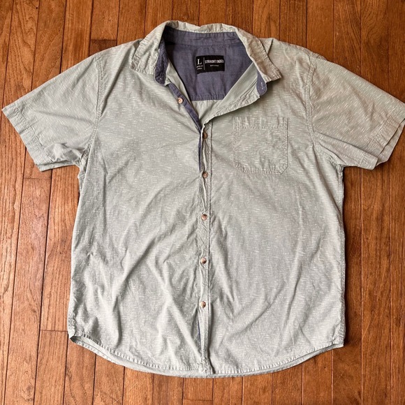 Straight Faded Other - Slub Textured Cotton Button Down Shirt Mens Large Short Sleeve Green Modern